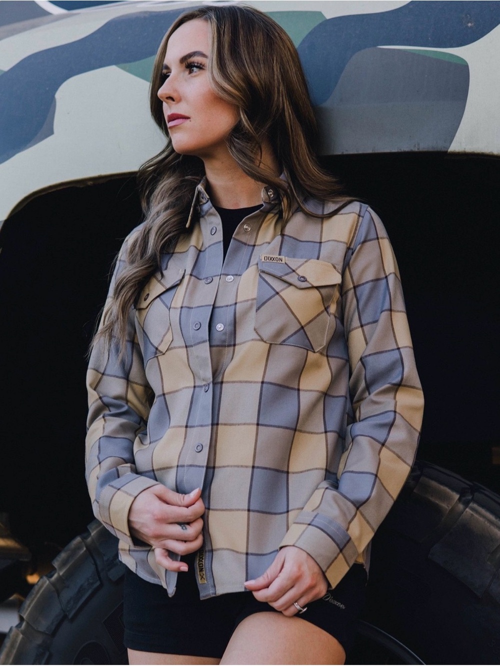 DIXXON Women's Plaid Button-Down Shirt Jacket - Beige and Gray